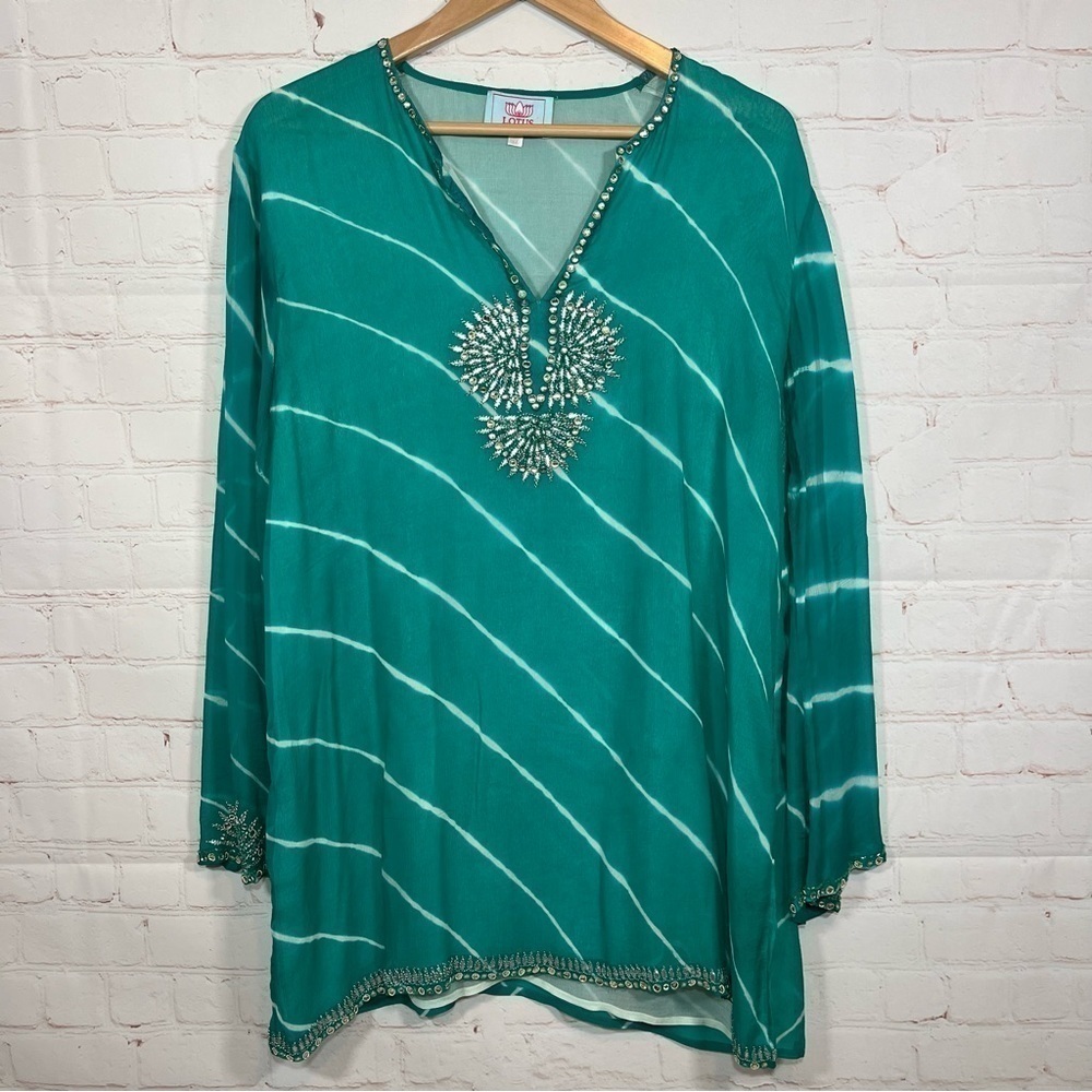 Lotus London Silk Beach Coverup Tunic Top Beaded 2X Green Lightweight Detailed